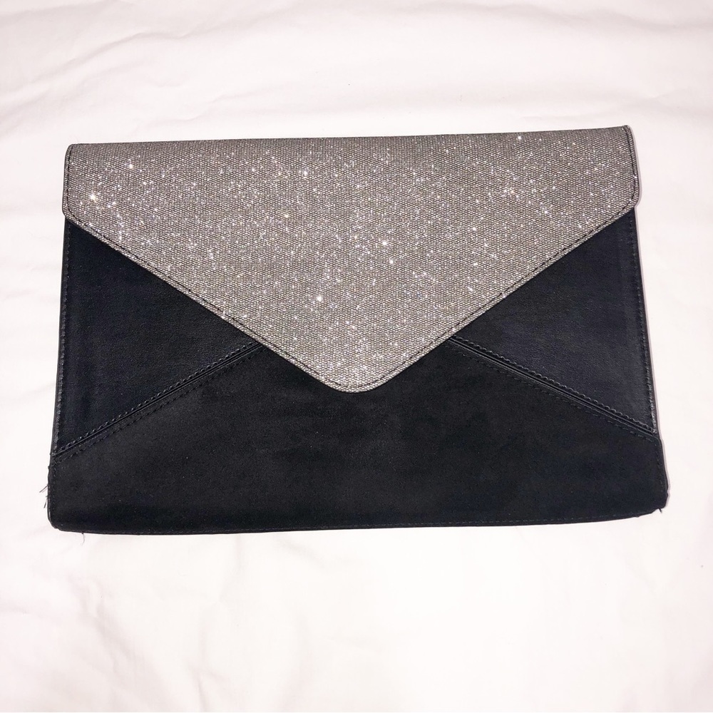 Black Silver Large Envelope Clutch Faux Suede Leather DSW IPad Case Evening Bag